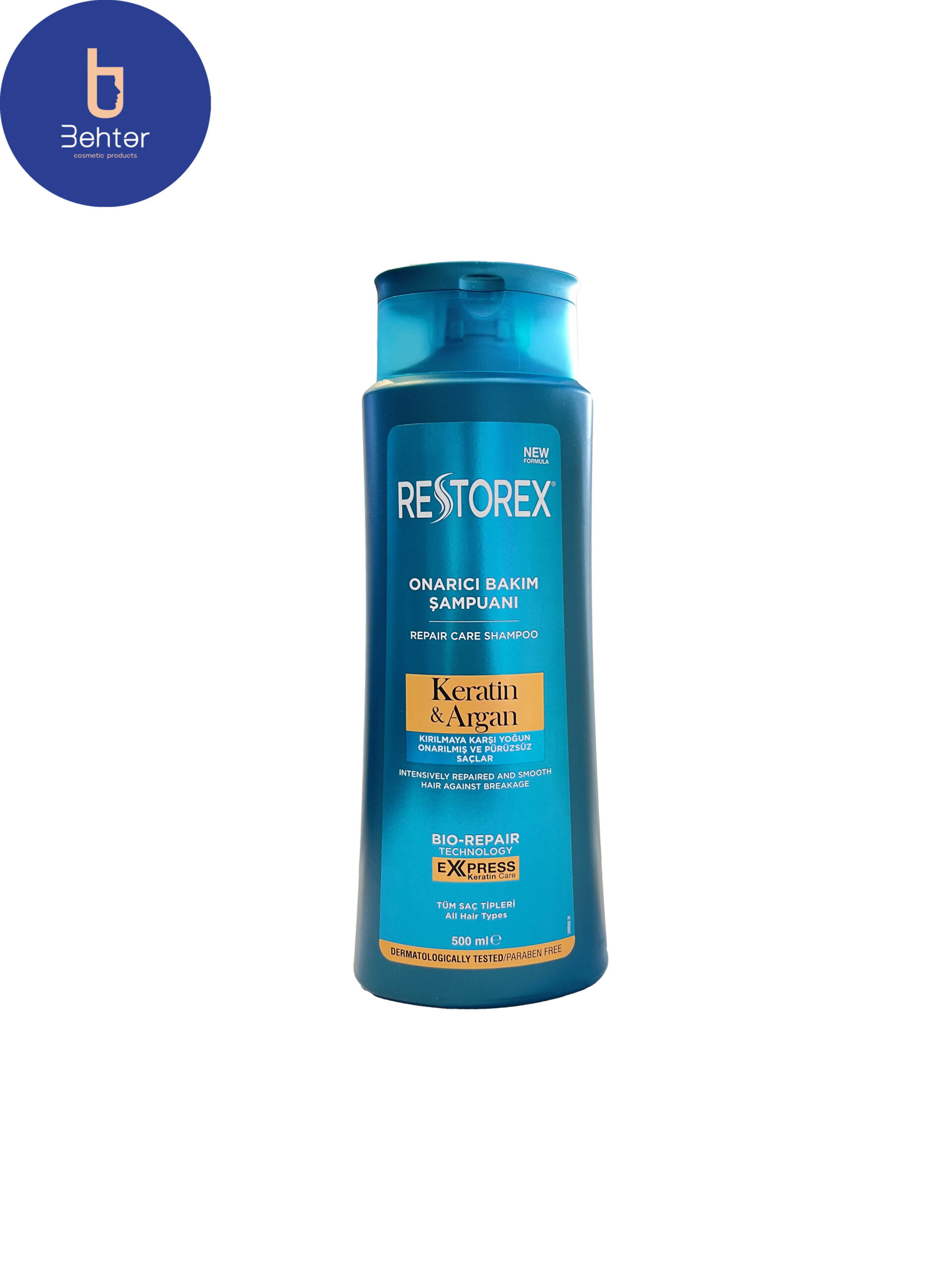 شامپو رستورکس تقویت و ترمیم کننده مو و ضد شکنندگی حاوی کراتین و آرگان 500میلStrengthening and restoring hair and anti-brittleness shampoo containing Keratin and Argan Restorex 500 ml