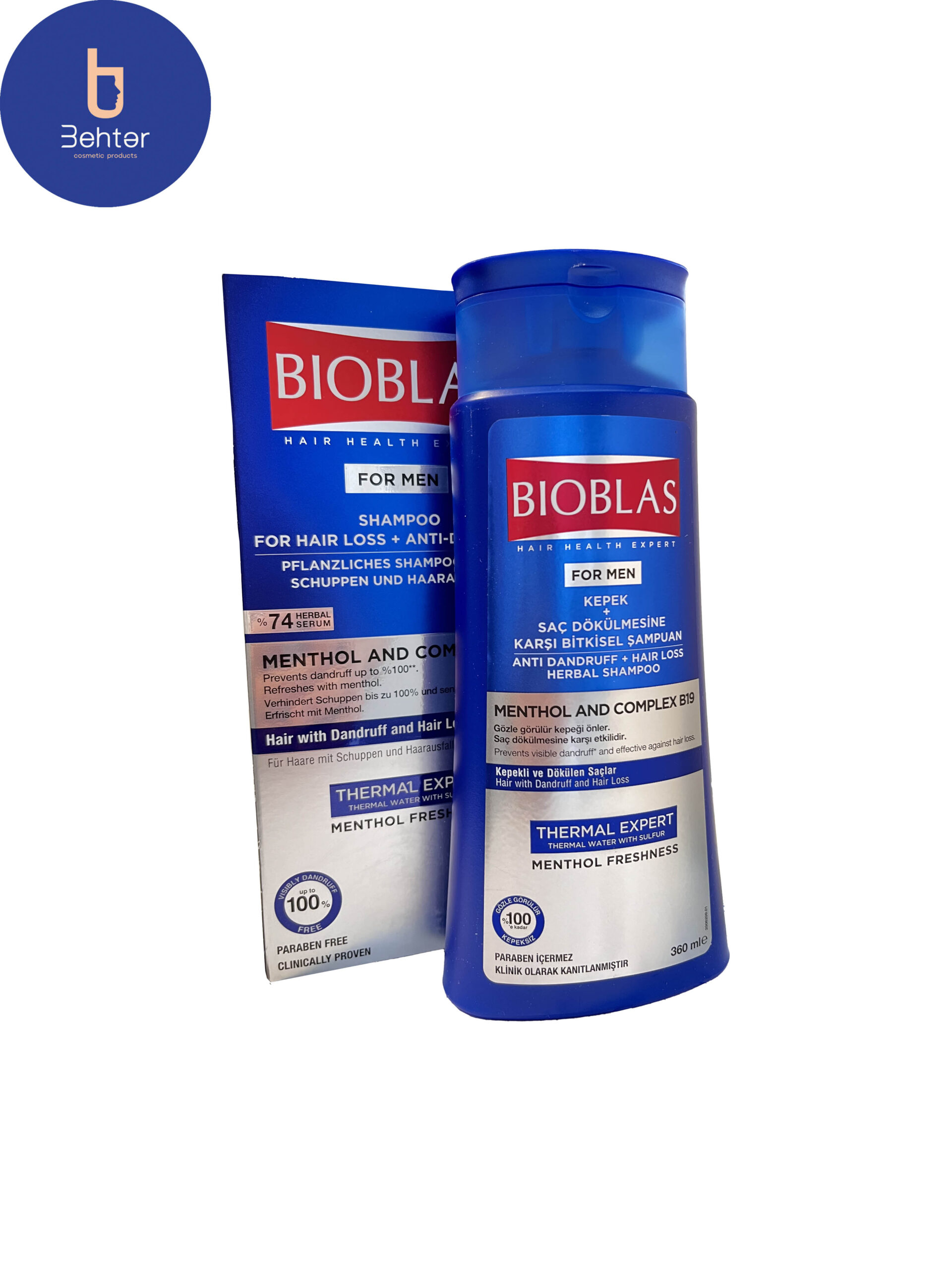 شامپو ضد ریزش و ضد شوره مردانه بیوبلاس حاوی منتول و کمپلکس B19 حجم 360 میلAnti-falling and anti-dandruff men’s Bioblas shampoo containing menthol and B19 complex, volume 360 ​​ml
