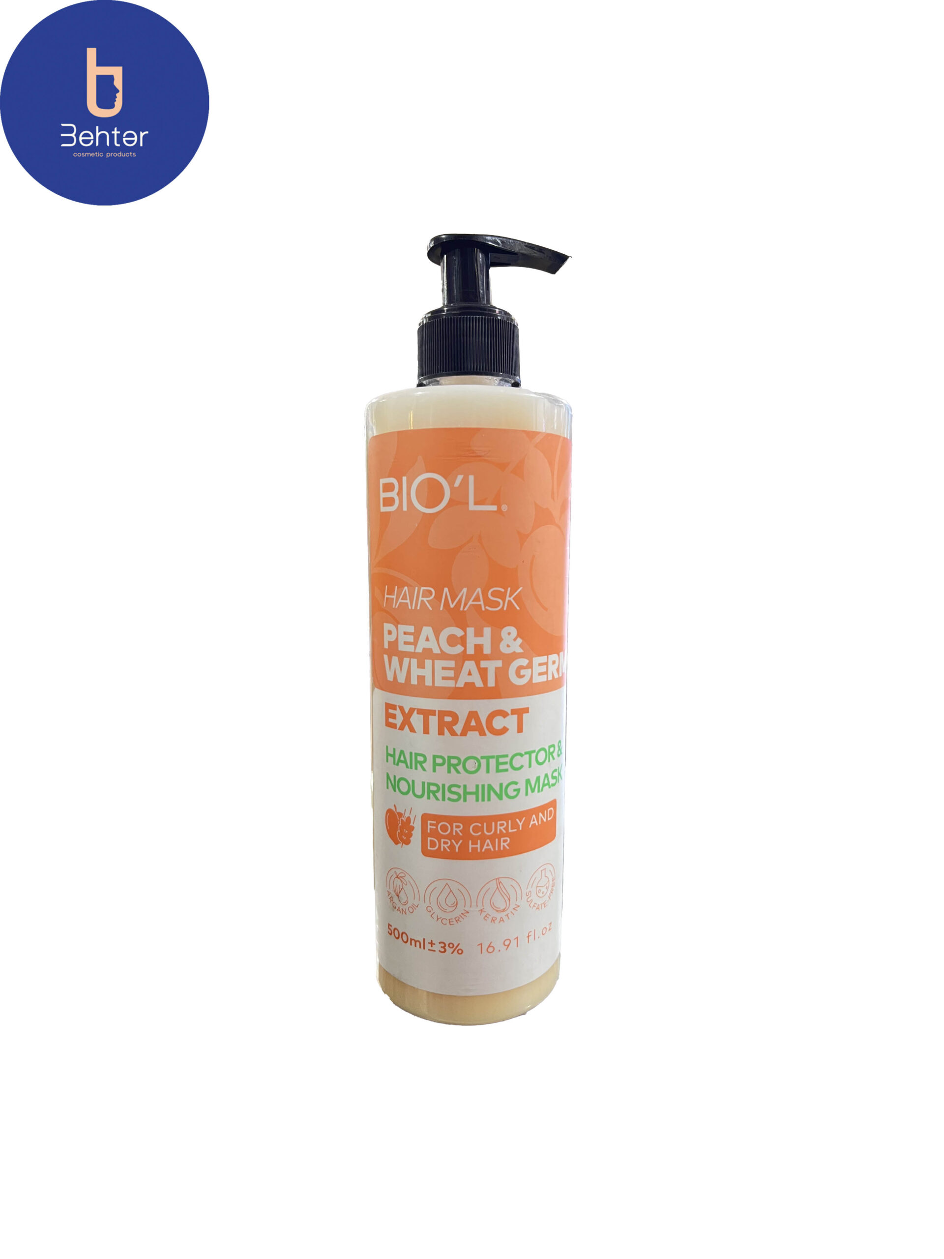 ماسک مو بیول مدل PEACH AND WHEAT GERM مناسب موهای خشک و فر حجم ۵۰۰ میلBIOL hair mask, model PEACH AND WHEAT GERM, suitable for dry and curly hair, volume 500 ml