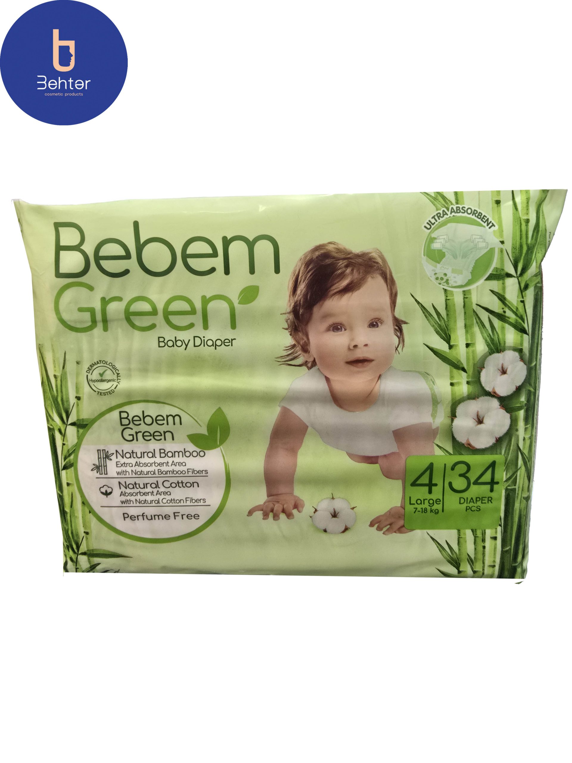 پوشک ببم سبز سایز 4 LARGE بسته بندی 34 عددی Bebem Green diapers, size 4, LARGE, 34 pcs