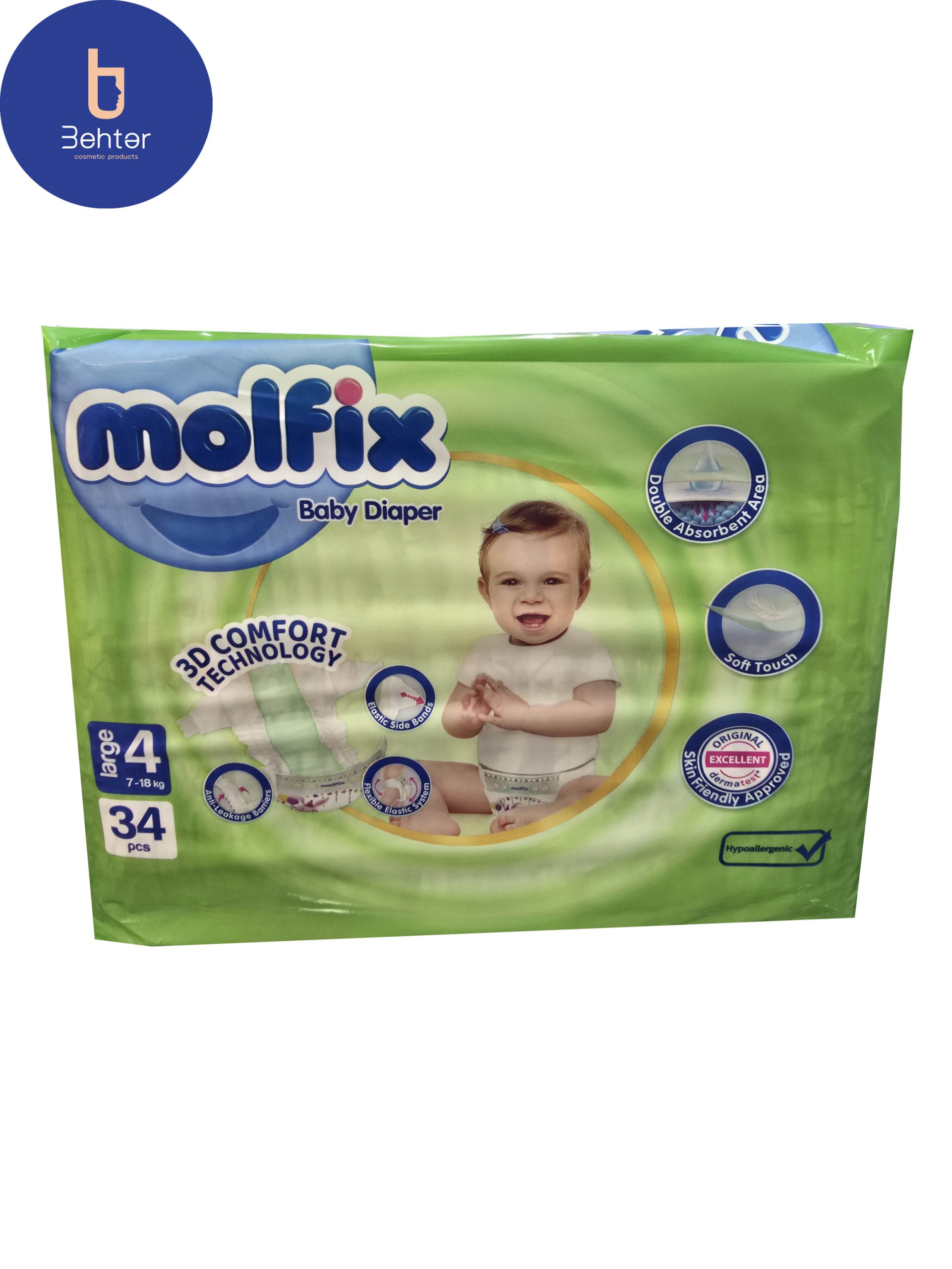 پوشک مولفیکس سایز LARGE 4 بسته بندی 34 عددی Molfix diapers, size 4 LARGE ,  34 pcs
