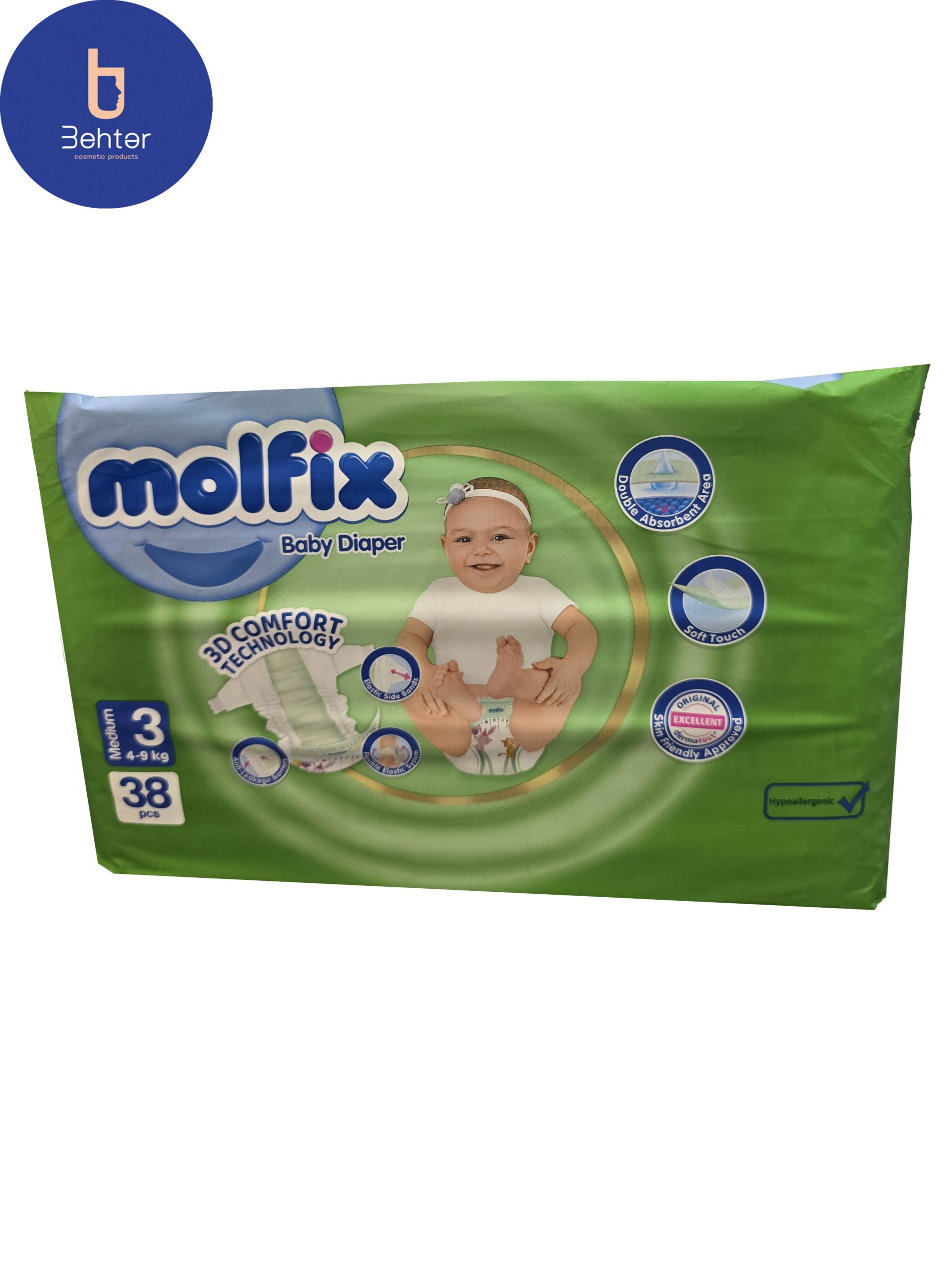 پوشک مولفیکس سایز 3 MEDIUM بسته بندی 38 عددی  Molfix diape , size 3 MEDIUM ,38 pcs
