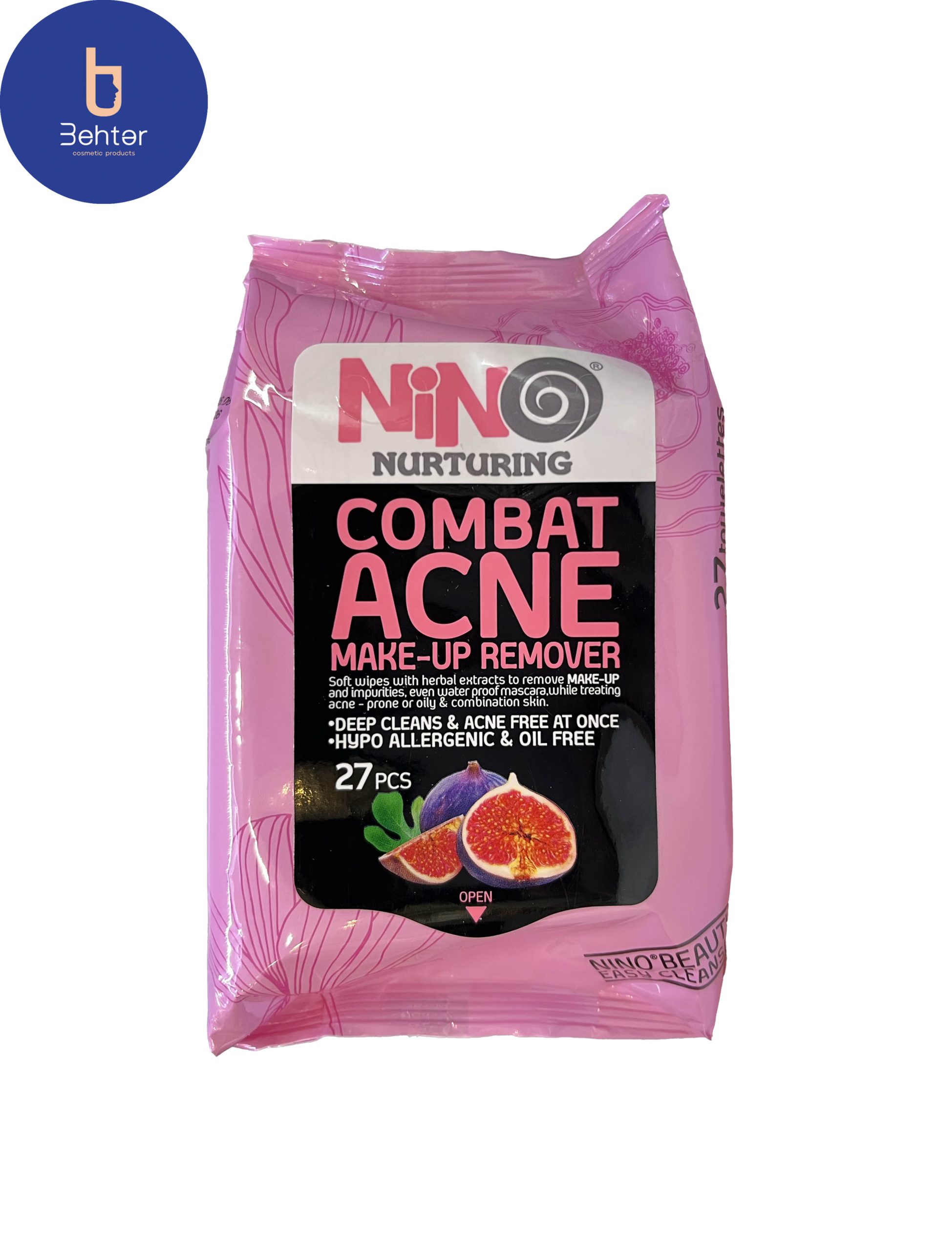 دستمال  مرطوب آرایش پاک کن ضد جوش نینو  بسته بندی27 عددی Nino anti-pimple makeup remover wipes, pack of 27