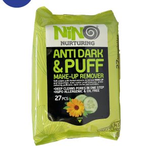 دستمال مرطوب پاک کننده آرایش نینو ضد تیرگی و پف حاوی عصاره خیار 27 عددNino anti-darkening and puffy makeup remover wipes containing cucumber extract 27 pcs