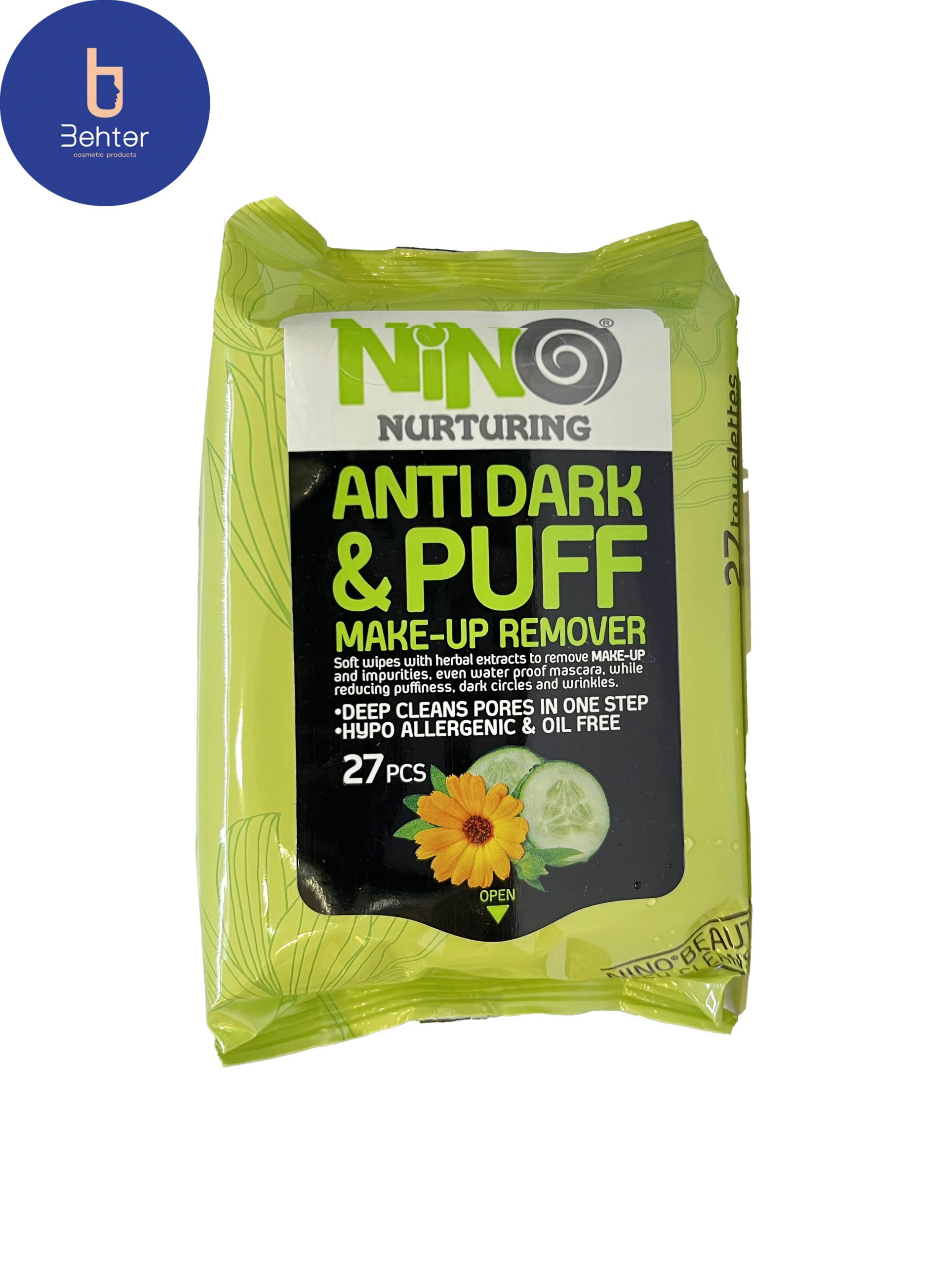 دستمال مرطوب پاک کننده آرایش نینو ضد تیرگی و پف حاوی عصاره خیار 27 عددNino anti-darkening and puffy makeup remover wipes containing cucumber extract 27 pcs