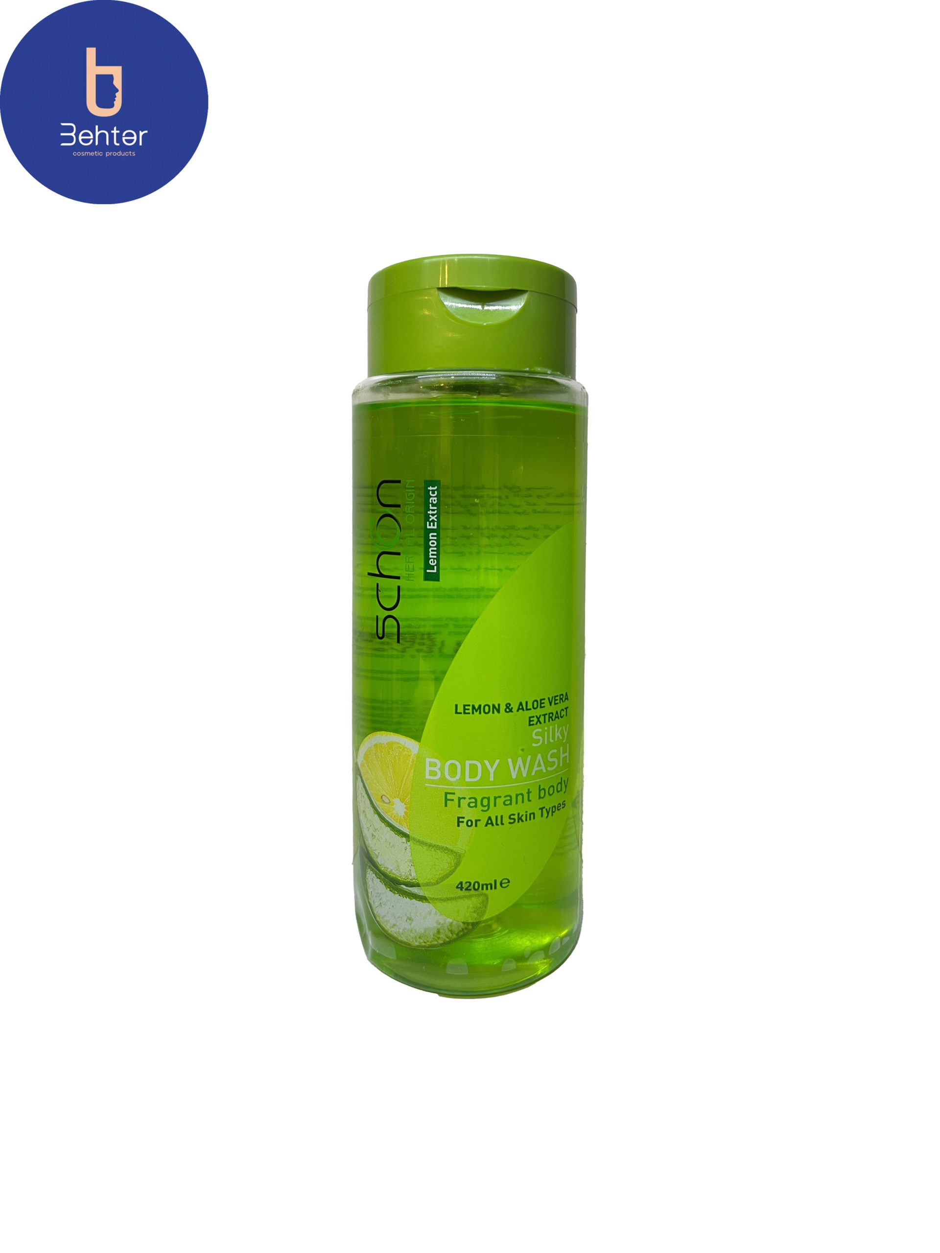 شامپو بدن شون حاوی لیمو و آلوئه ورا مناسب انواع پوست ۴۲۰ میلschon body shampoo containing lemon and aloe vera, suitable for all skin types, 420 ml