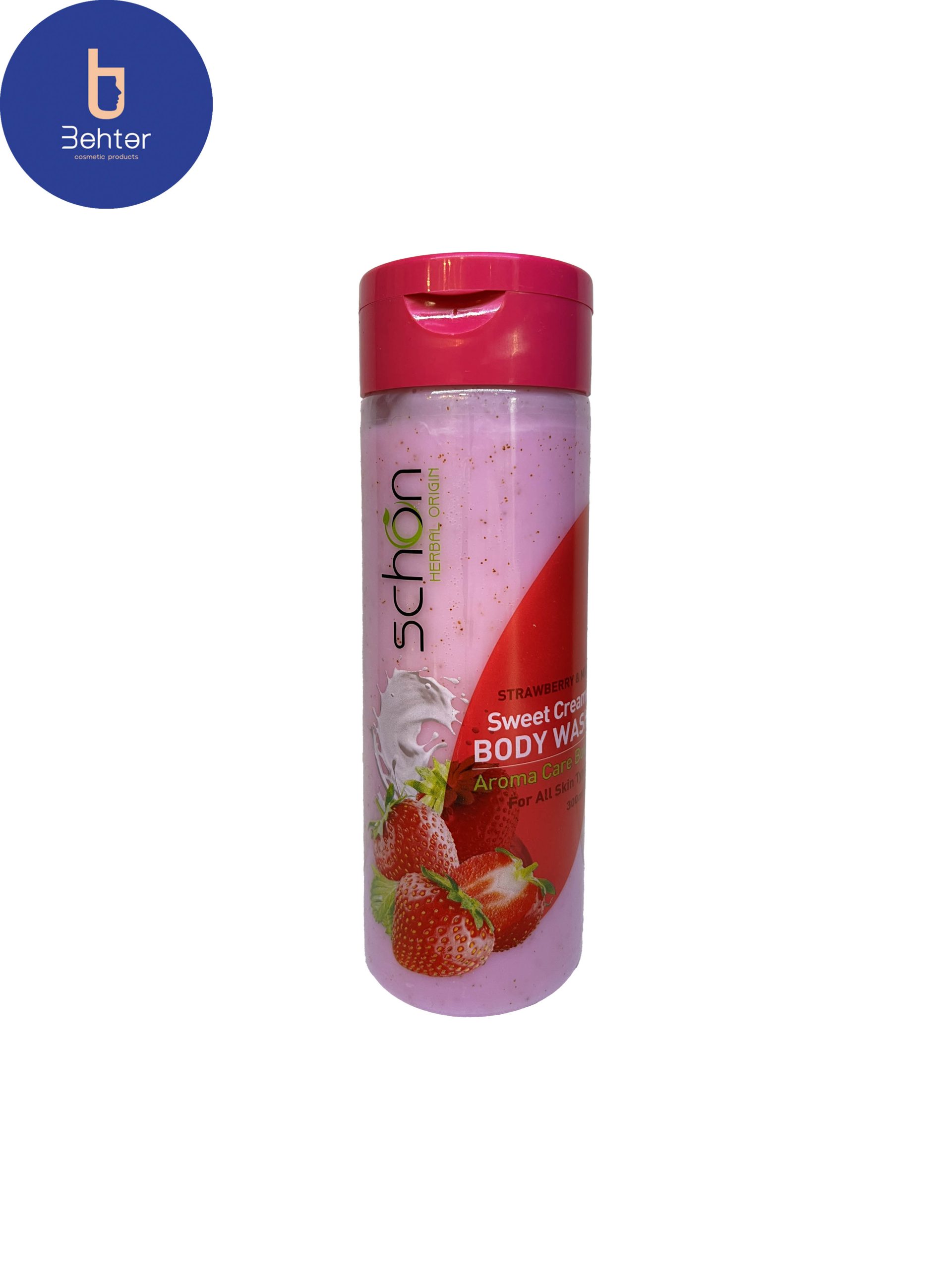 شامپو بدن کرمی شون شیر توت فرنگی حاوی اسکراب گردو 300 میلStrawberry milk creamy body shampoo containing walnut scrub 300 ml SCHON