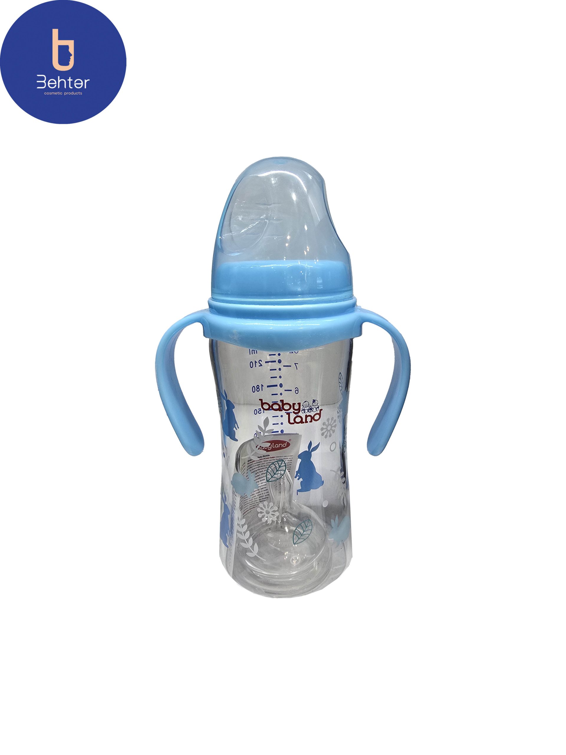 شیشه شیرخوری پیرکس دسته دار ارتودنسی بی بی لند 493 کد 240 میل Baby land Pyrex orthodontic milk bottle with handle 493 code 240 ml