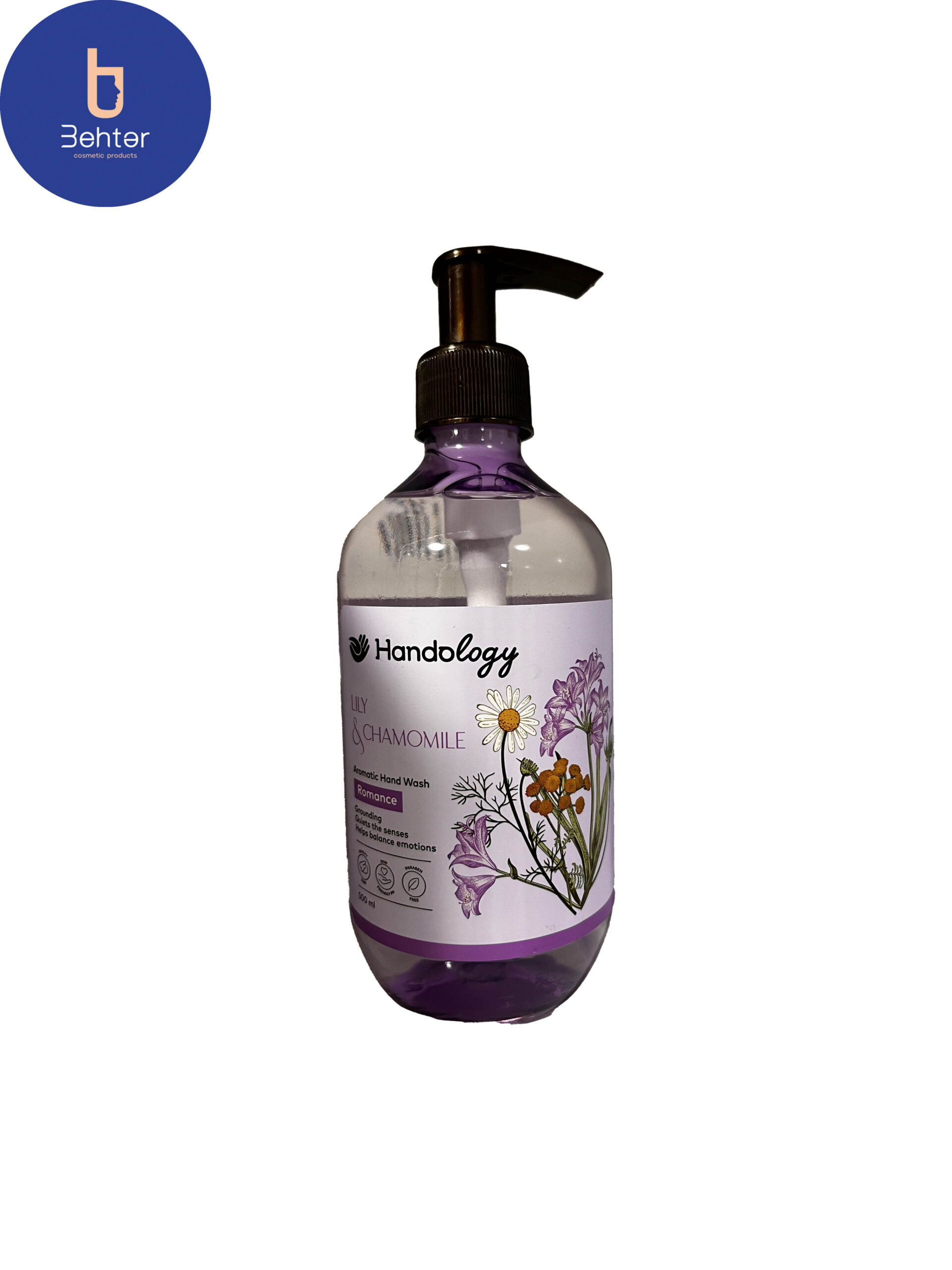 مایع دستشویی آروماتراپی هندولوژی با رایحه زنبق بنفش و بابونه حجم 500 میلHANDOLOGY aromatherapy toilet liquid with the scent of violet lily and chamomile, volume 500 ml