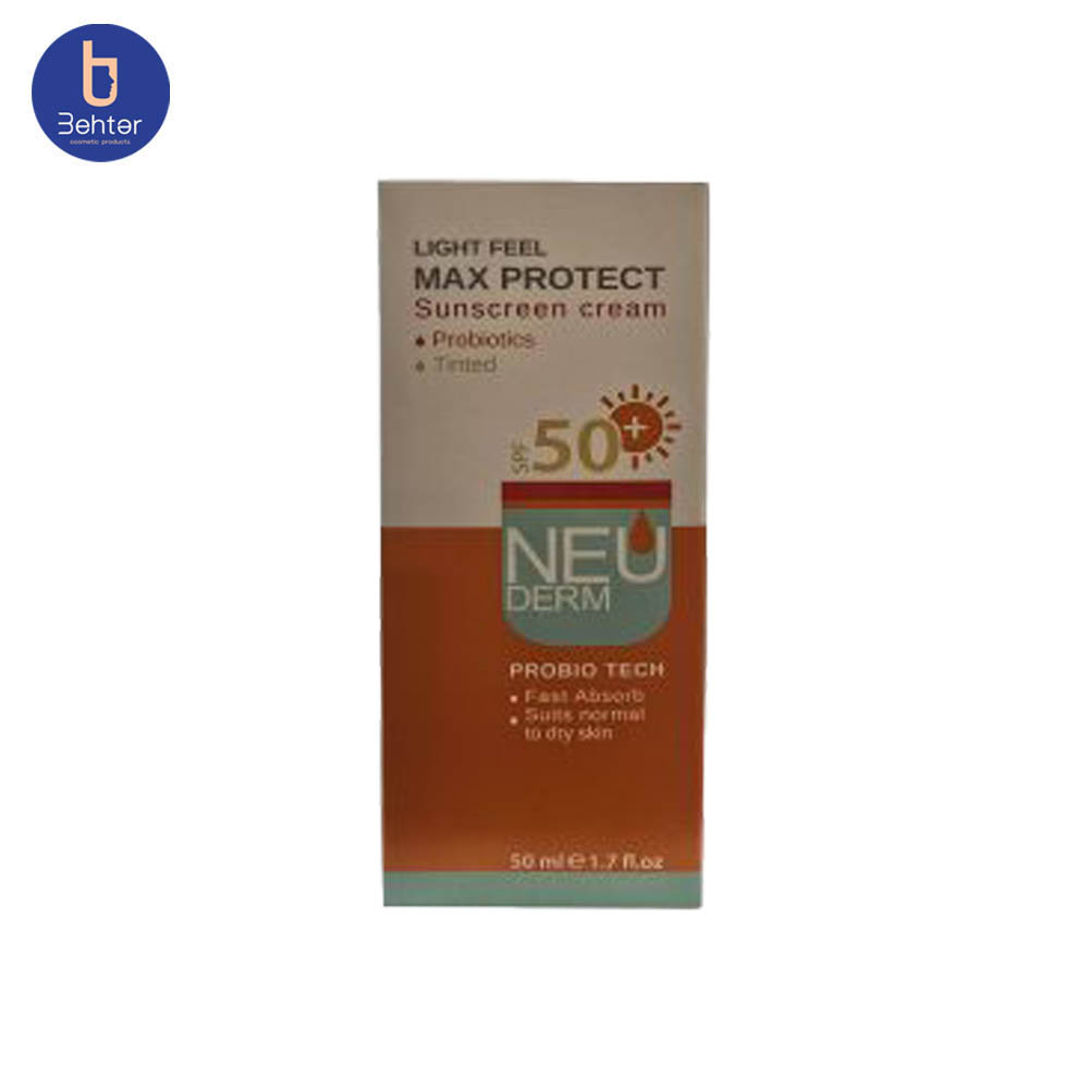 ضد آفتاب مکس پروتکت SPF50 نئودرم مناسب انواع پوست (رنگی) 50میل Neuderm Max Protect SPF50 Sunscreen, suitable for all skin types (tinted), 50ml