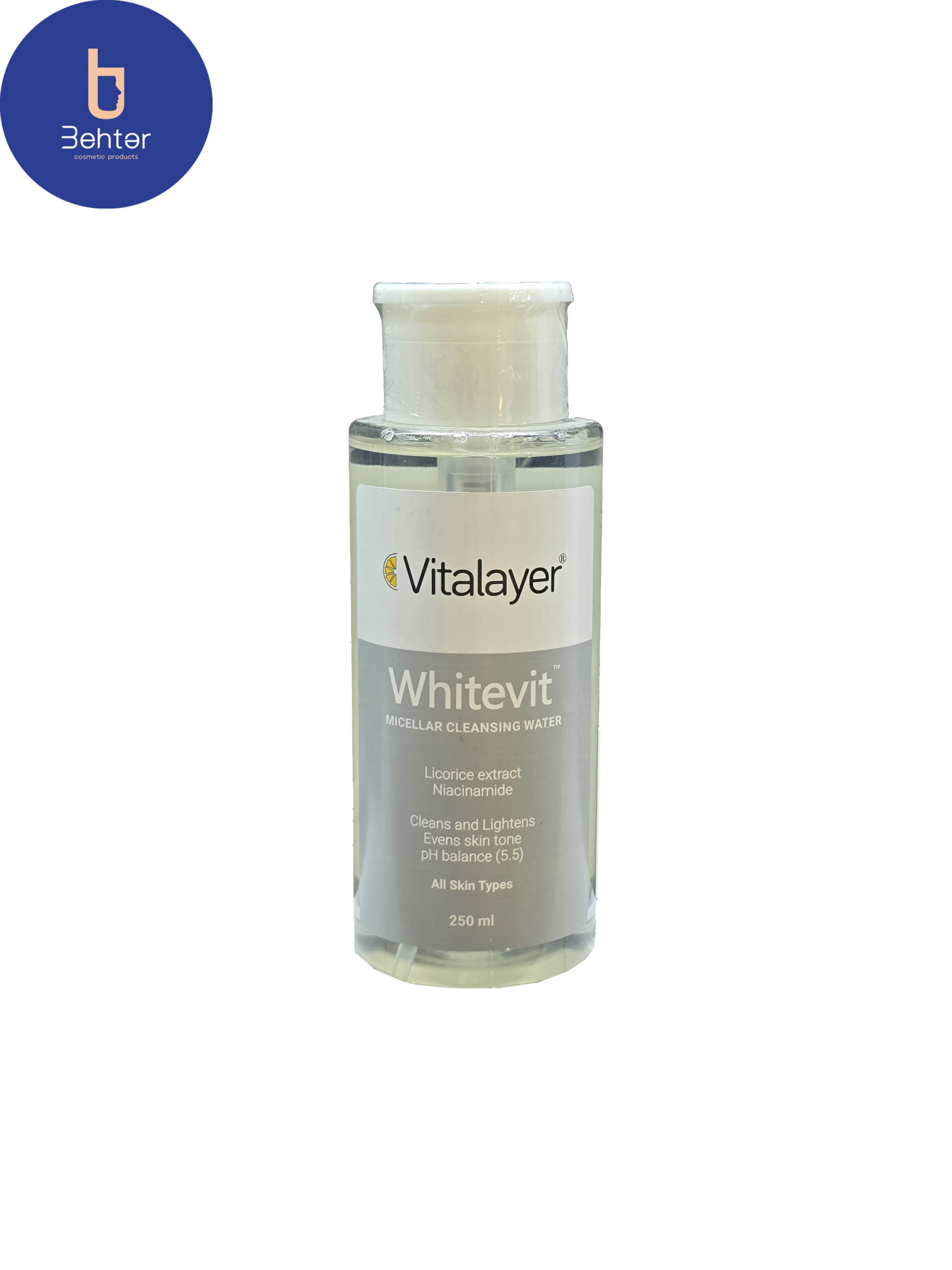 محلول پاک کننده آرایش ویتالیر مدل Whitevit مناسب پوست های کدر و مستعد لک 250 میل Vitalayer Whitevit makeup remover solution suitable for dull and blemish-prone skin, 250 ml