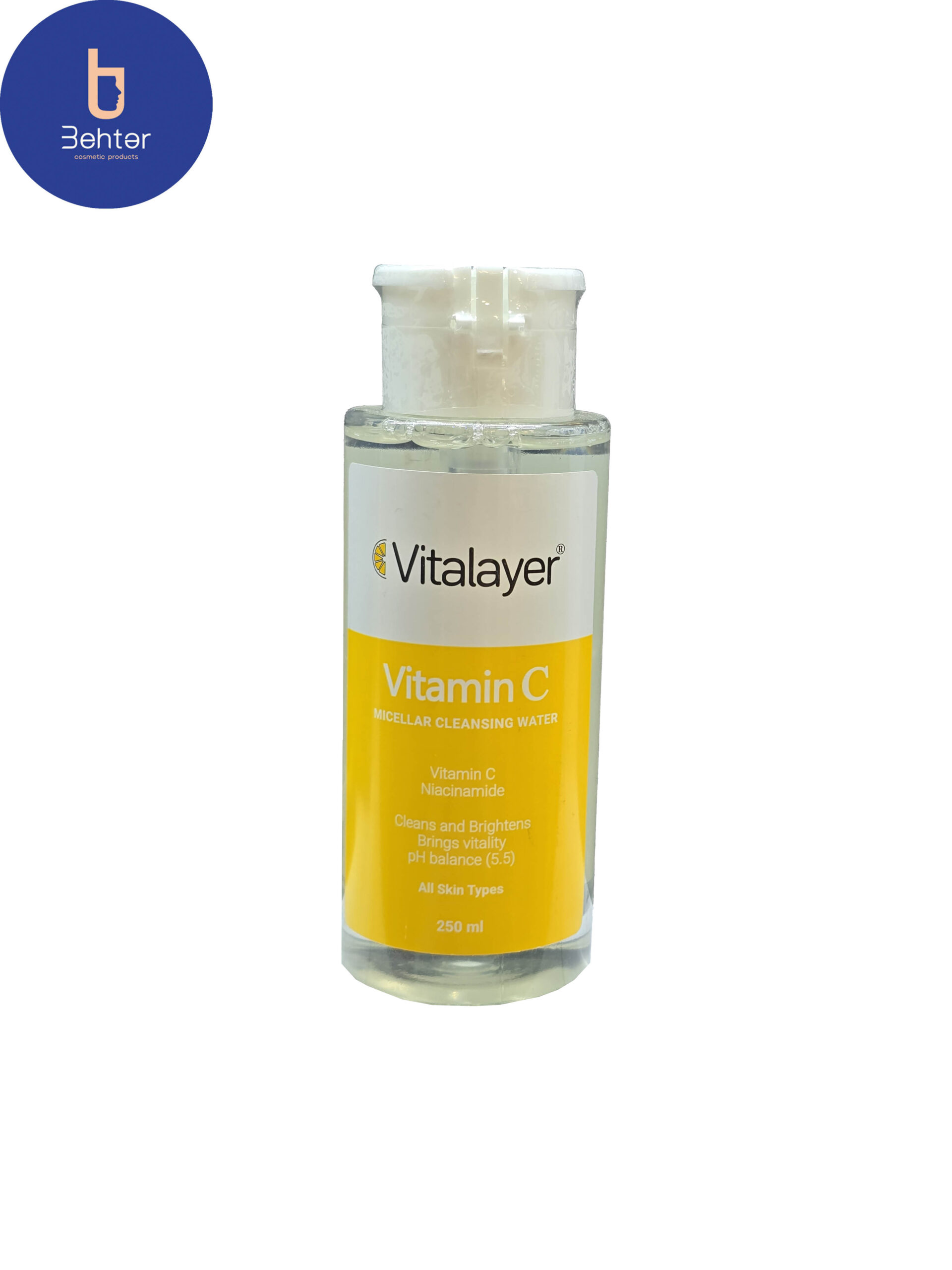 محلول پاک کننده آرایش ویتالیر مدل Vitamin cمناسب انواع پوست 250 میل Vitalayer Vitamin C makeup remover, suitable for all skin types, 250 ml