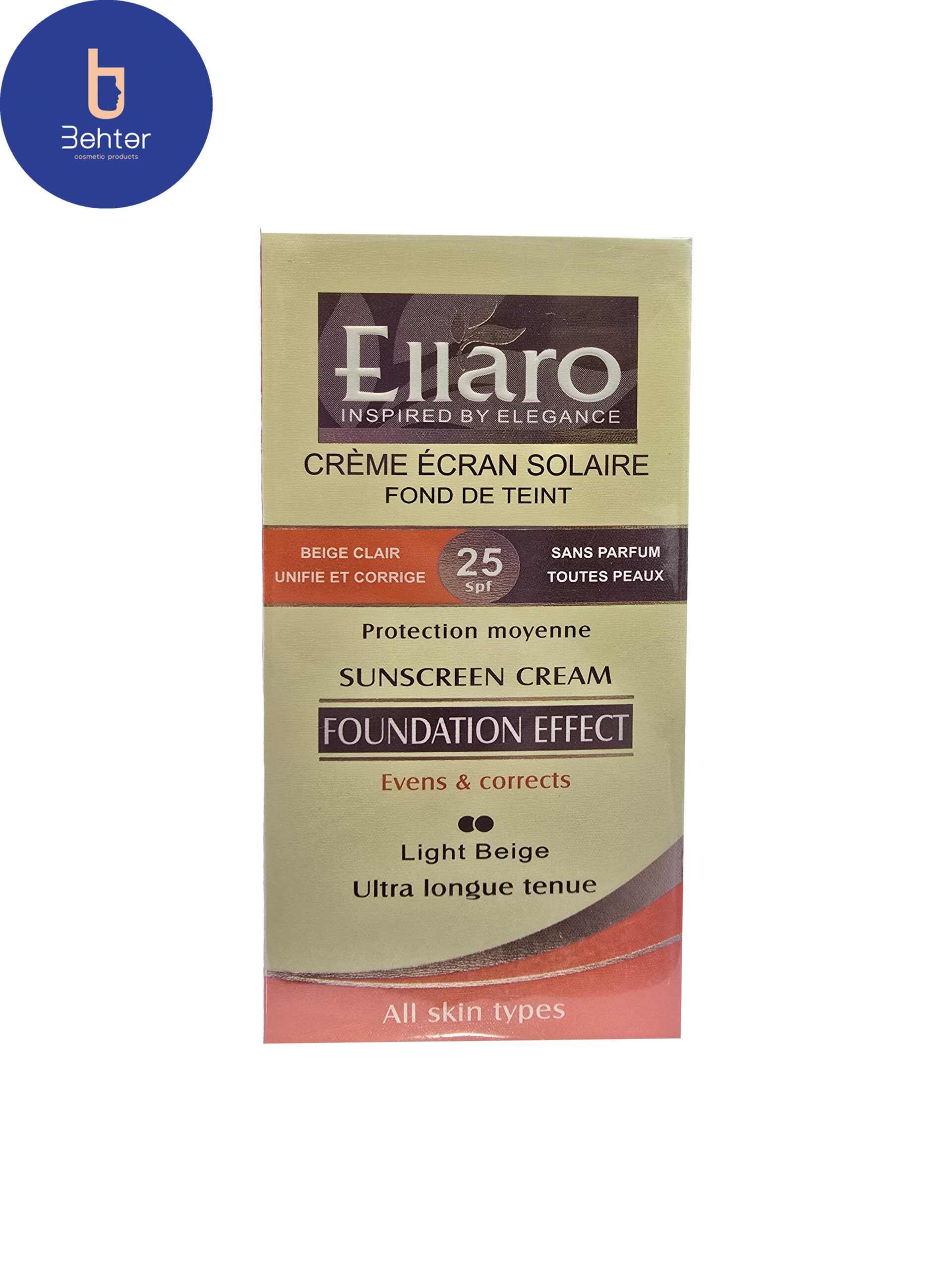 ضد آفتاب کرم پودری مناسب انواع پوست SPF 25 الارو (بژ روشن) 40میل Ellaro Sunscreen, powder cream, suitable for all skin types, SPF 25, (light beige), 40ml