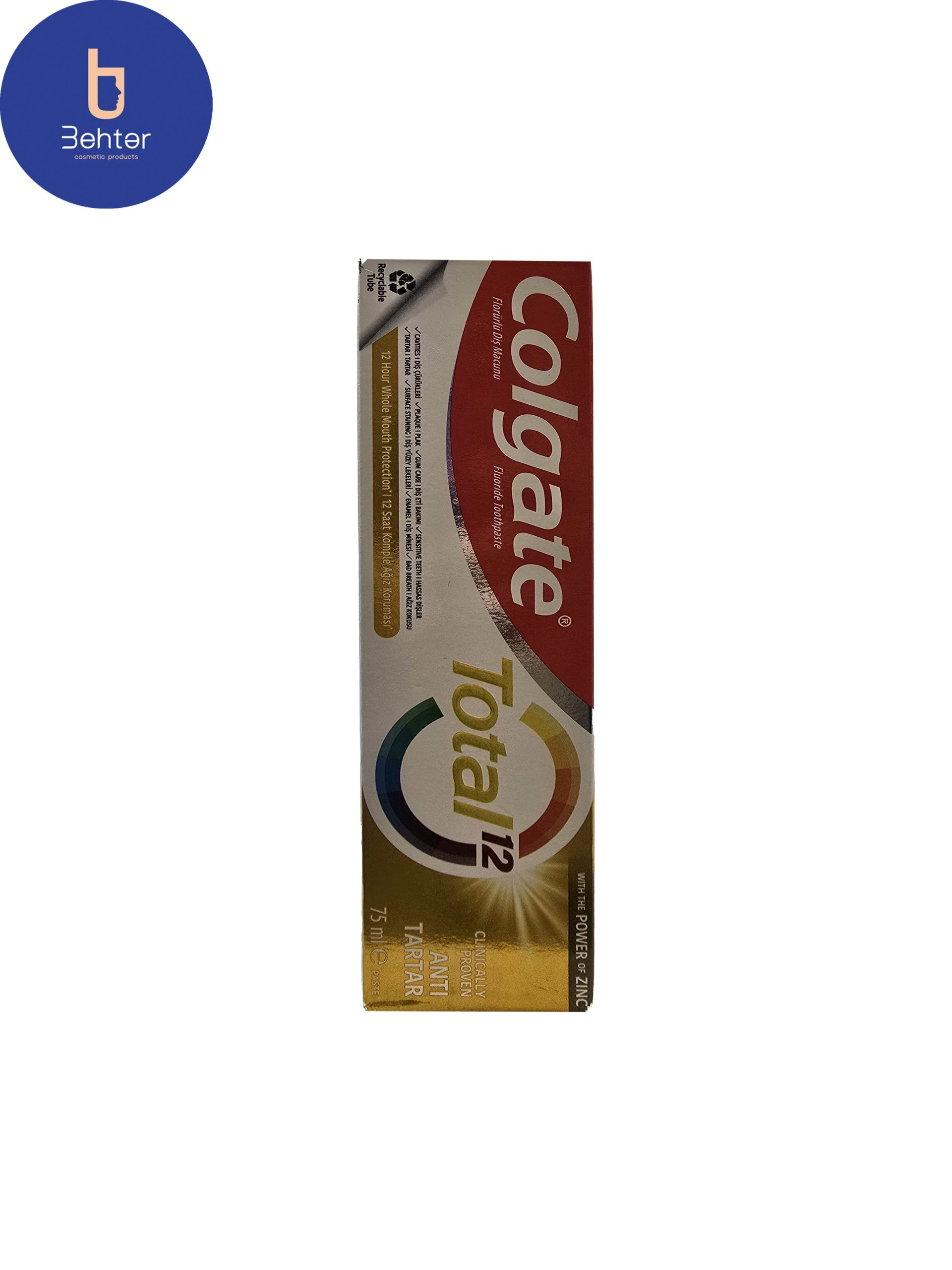 خمیر دندان توتال کلگیت با خاصیت آنتی تار تار و محافظت 12 ساعته حجم 75 میل Colgate total toothpaste with anti-tartar properties and 12-hour protection, 75 ml