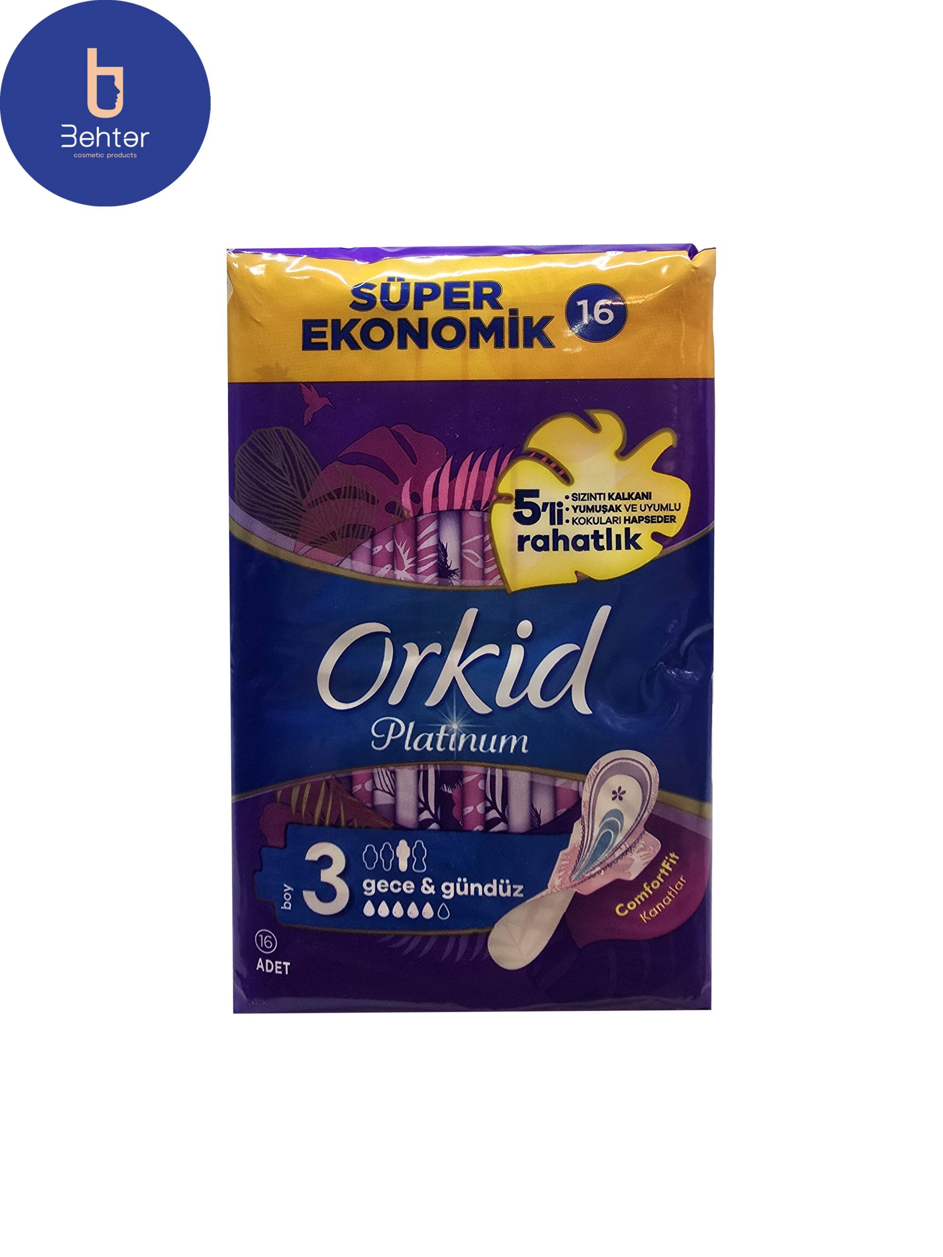 نوار بهداشتی ارکید مدل شب و روز Platinum Gece & Gunduz بسته ۱۶ عددی Orkid sanitary napkins, Platinum day and night model, pack of 16